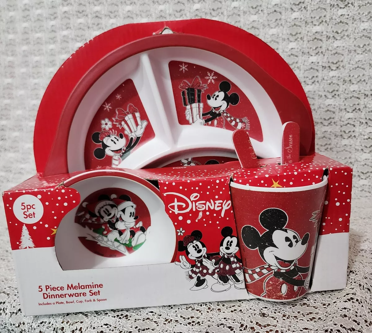 Disney Christmas Melamine Mickey Mouse Dinnerware Set Plate, Bowl, Cup,  Fork,Sp