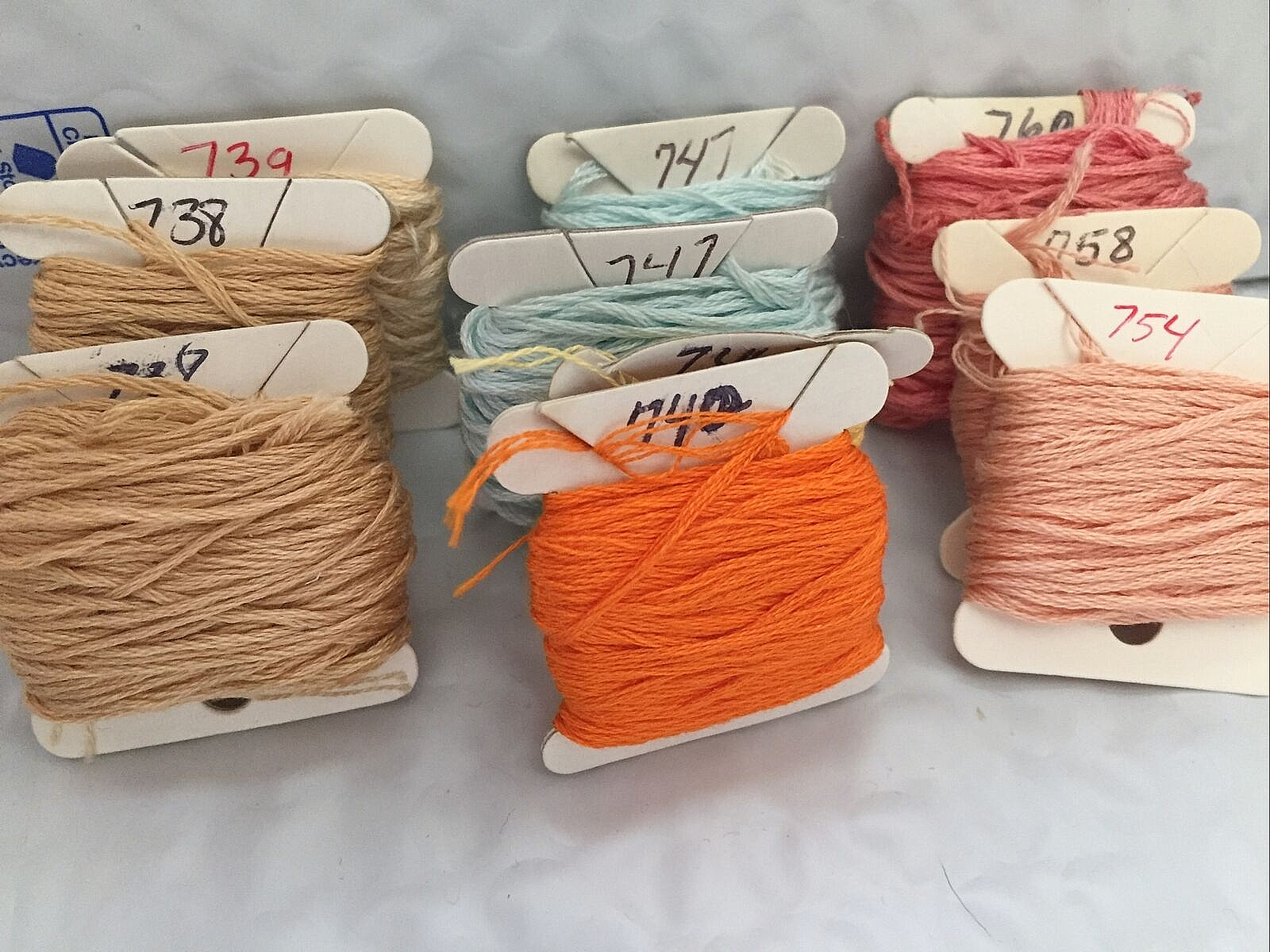Lot of 10 DMC Cross Stitch Floss Carded # 738x2,739,740,744,