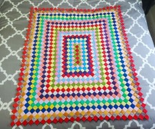 Vtg Hand Made Quilted Multi-Color Patchwork Throw Lap Blanket Quilt Diamond Rows