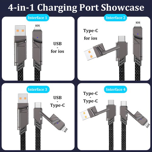 4 in 1 Dual Type C Charger USB Charging Cable Data Cord For iPhone Android - Zdjęcie 7 z 18