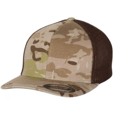 Flexfit Trucker Mesh Baseball Cap Blank Hat Flex Fit 6511 Arid Brown Camo NEW