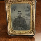 Original Civil War Soldier Tintype Photograph in Ornate Frame with American Flag