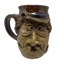 Ugly Face Pottery Large Brown Glazed Stoneware Mug Man Mustache 3D Signed