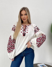 White Red Ukrainian Vyshyvanka Embroidered women blouse Embroidery Shirt S-L