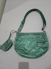 Lug Scuffle Pleated Crossbody bag  Green with coin purse ;  patterned lining