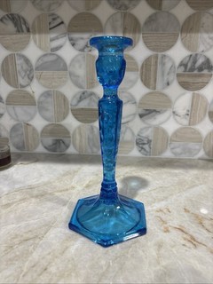 Beautiful Fenton (?) Blue Glass Candlestick 8 3/4” Tall
