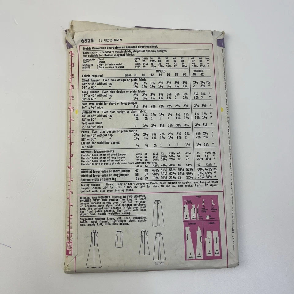 Pants Jumper Vest Size 16 b38 CUT Vtg 70s Pattern 6525 V Neck Patch Pockets - Image 2 of 2