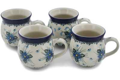 Polish Pottery Set of Four 12oz Bubble Mugs Blue Flowers by Ceramika Artystyczna