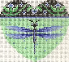 Hand painted needlepoint Dragonfly Heart 3  X 2 3/4  18 mesh