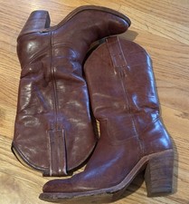 70s VTG Frye Dark Brown Cowgirl Boots Wood Stack Slant Heel 2 1/4 Heel5-5 1/2 B