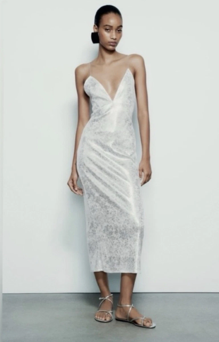 zara white silver dress Zara sequin white midi dress S (4-6)