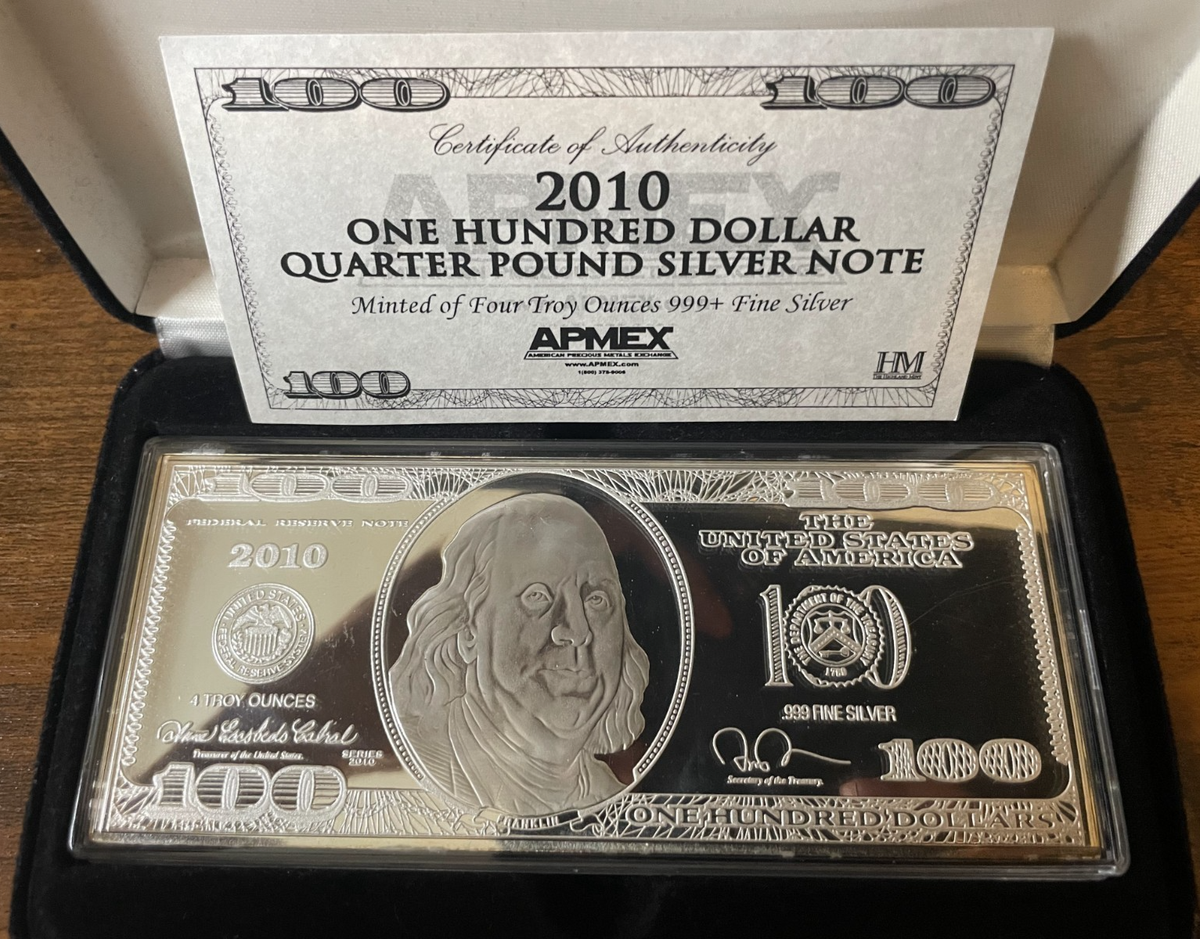 Money Mark「Trust」ソノシート 2010 $100 Bill Quarter Pound 4oz .999 Silver Note APMEX w/ Box