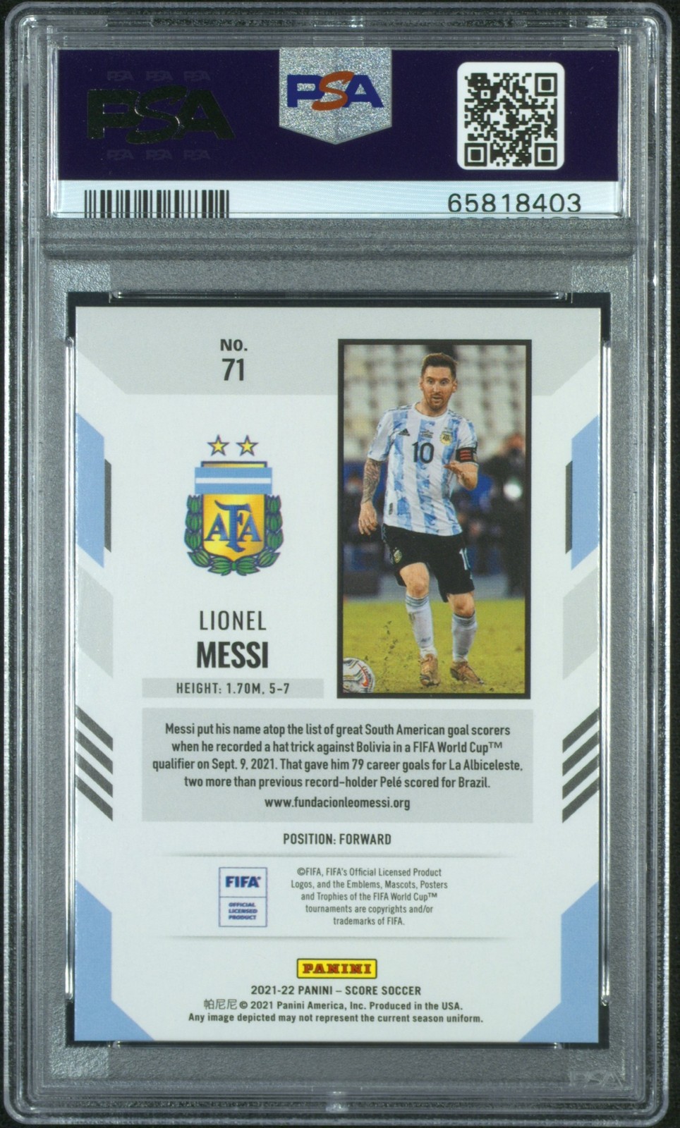 POP 2 LIONEL MESSI PSA 10 2021 PANINI SCORE FIFA #71 GREEN LASERS 2/5 ARGENTINA view 2