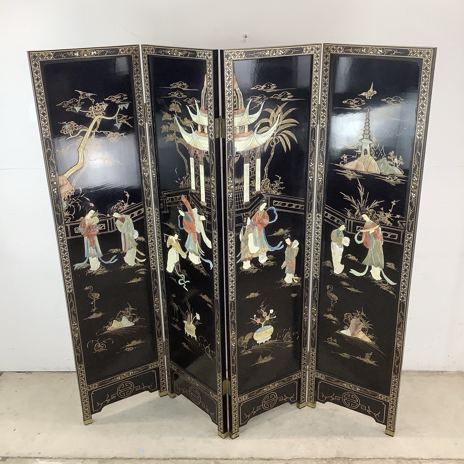 Vintage Black Lacquer Chinoiserie Folding Screen