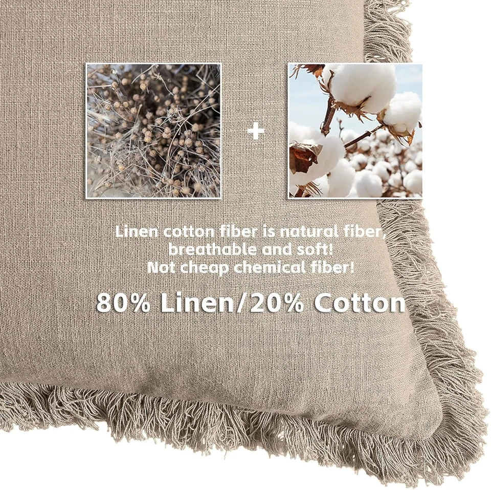 Cozy Set of 2 Elegant Fringed Beige Pillow Covers - 20x20-Inch Zipper Design - Image 4 of 4