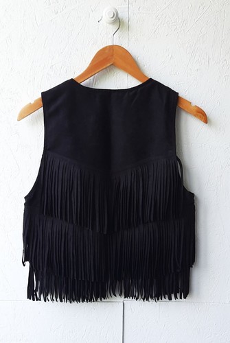 H&M Black Womens Tassel Sleeveless Vest Suede Waistcoat Fringe Hippie Clothes - Picture 6 of 12