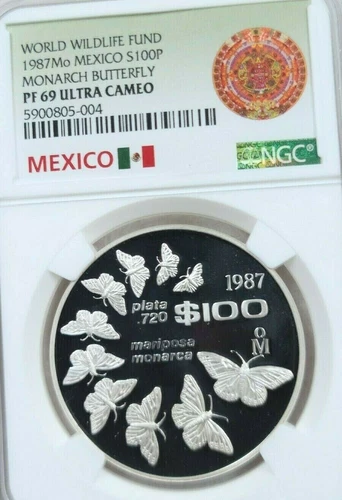 1987 MEXICO SILVER 100 PESOS MONARCH BUTTERFLY NGC PF 69 ULTRA CAMEO SCARCE COIN