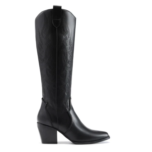Women Western Cowboy Boots Low Heel Pointed Toe Retro Knee High Boots Tall Boots - Picture 3 of 13