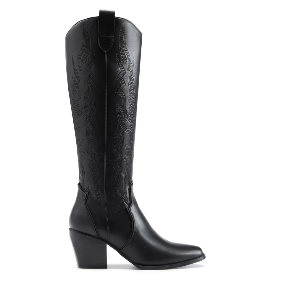 Mujeres Botas de Vaquero del Oeste Tacón Bajo Punta Retro Botas hasta la Rodilla Botas Altas Foto 3 de 4