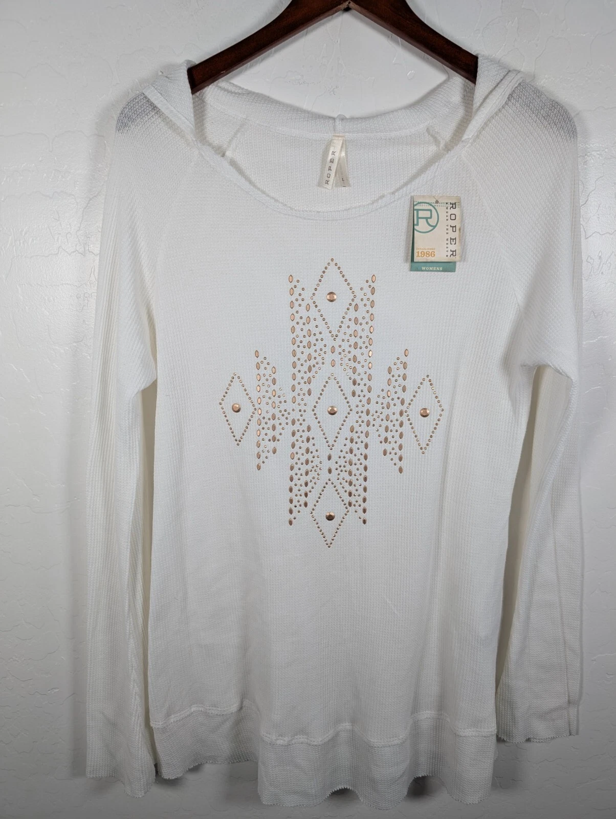 Roper Top Womens Large White Embellished Southwest Design Waffle Knit Hoodie New