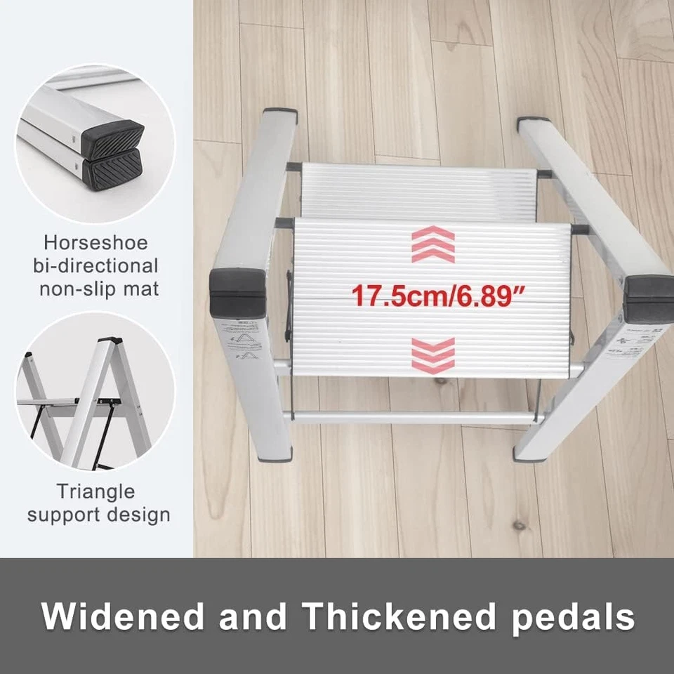 Scala pieghevole leggera a 2 gradini, larga scala, carico 135 kg, argento - Immagine 4 di 4