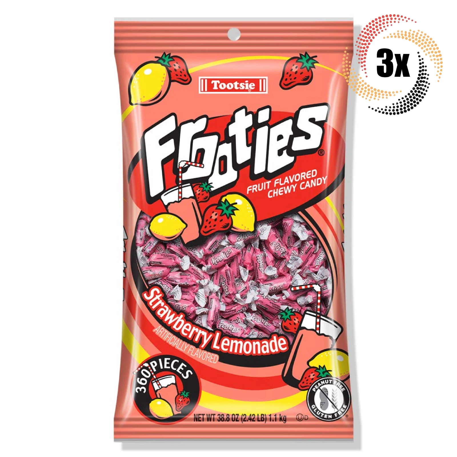 3x Bags Tootsie Frooties Strawberry Lemonade Flavored Chewy Candy