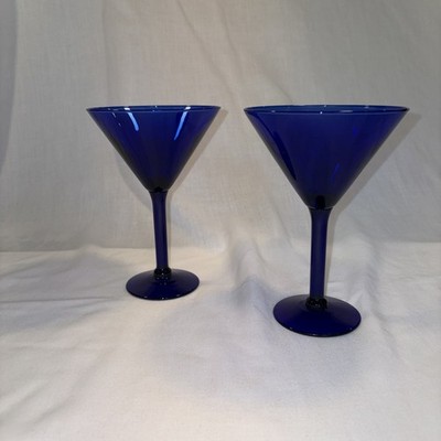 Vintage Cobalt Blue Glass Cosmopolitan/ Martini Cocktail Pair Glasses Barware