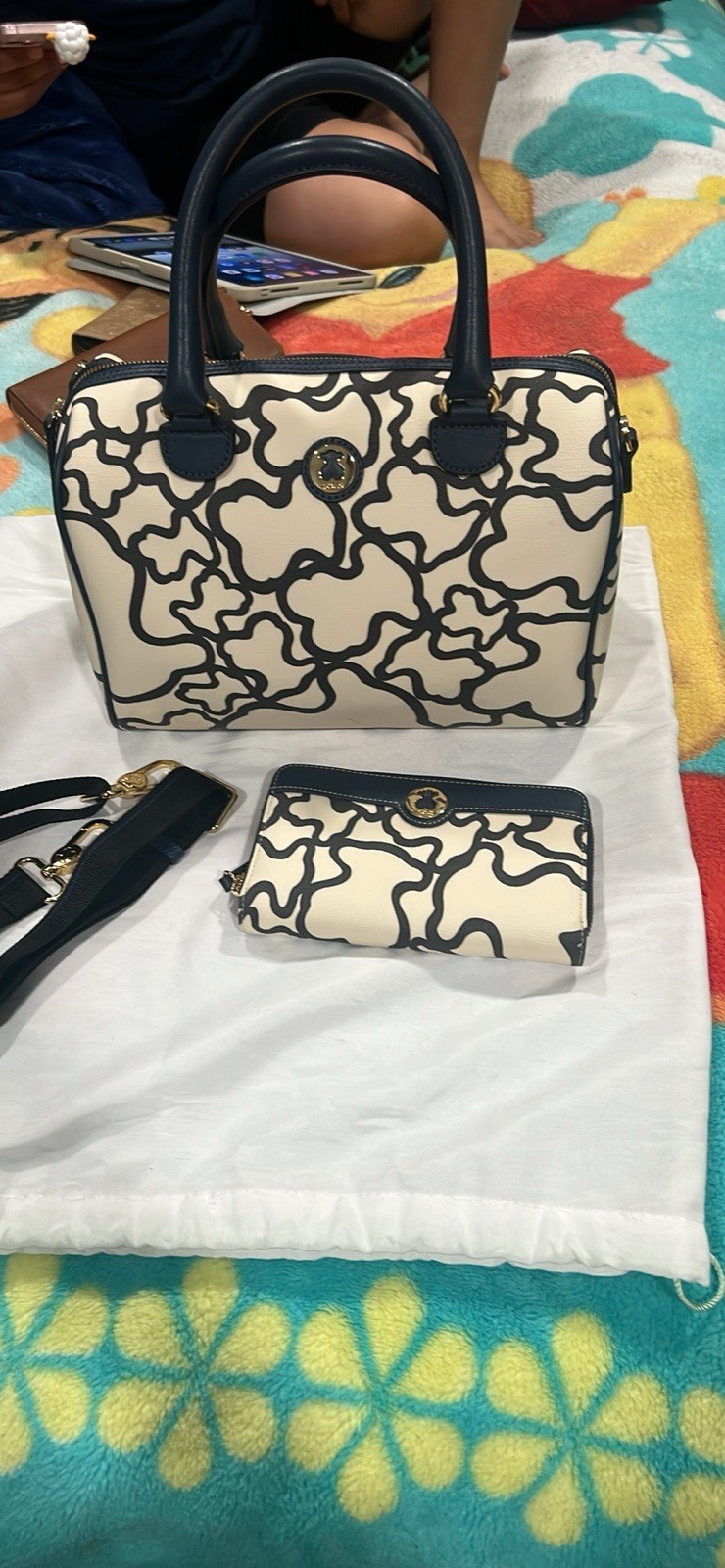 Tous Women’s Bag White with Blue Teddy Bear Shoulder Bag And Wallet