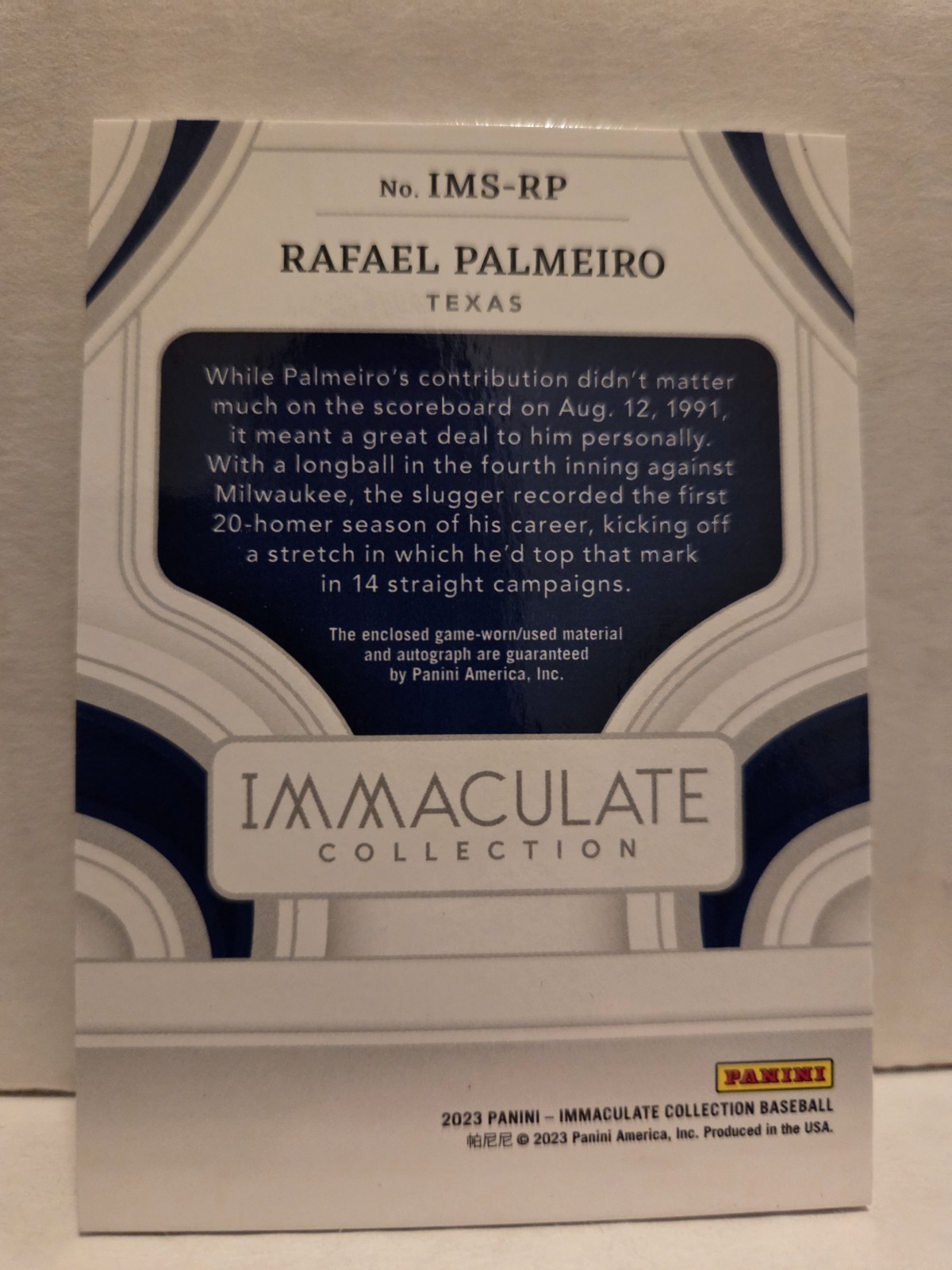 Rafael Palmeiro 2023 Panini Immaculate Game-Used Jersey Relic Auto /25 Rangers view 2