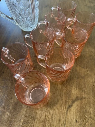 Vintage Arcoroc France Pink Rosaline Optic Swirl Coffee Mug Set of 8 Coffee Cups