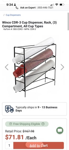 Winco 3-Tier Cup Dispensing Rack CDR-3 for Countertop