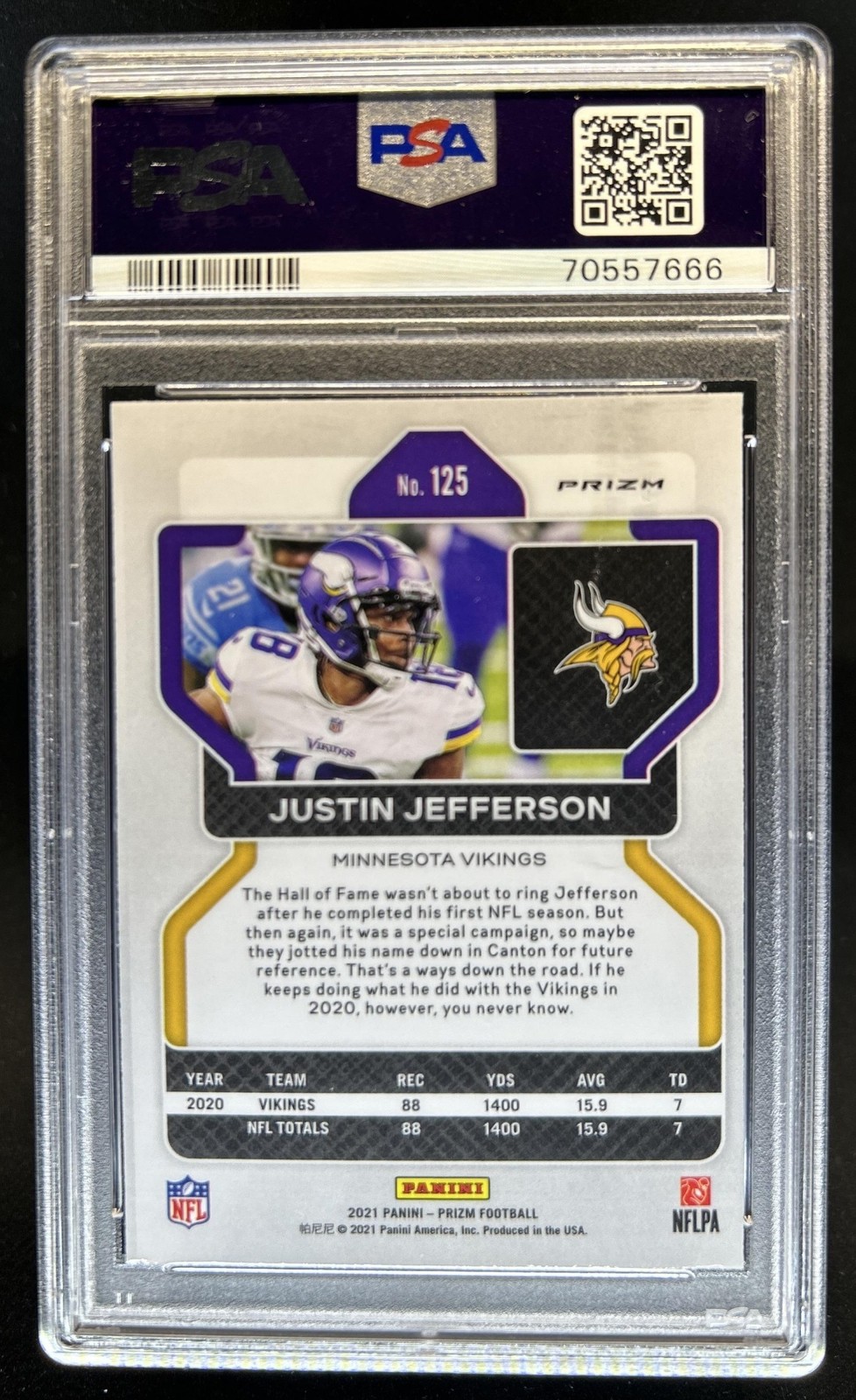 2021 Panini Prizm Justin Jefferson White Sparkle #125 Vikings PSA 9 view 2