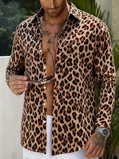 Men's Fashion Leopard Long Sleeve Button-Up Shirt - Polyester Fabric