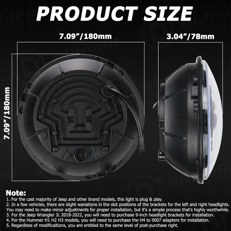 2pcs 7 Inch Round LED Headlights Halo Angle Eyes For Jeep Wrangler JK