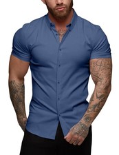 Men's Muscle Dress Shirts Slim Fit Stretch Short Sleeve Casual Button Down Sh...