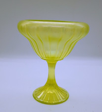 Antique Northwood Topaz Stretch Glass Pedestal Ribbed Open Compote 6.75" GLOWS