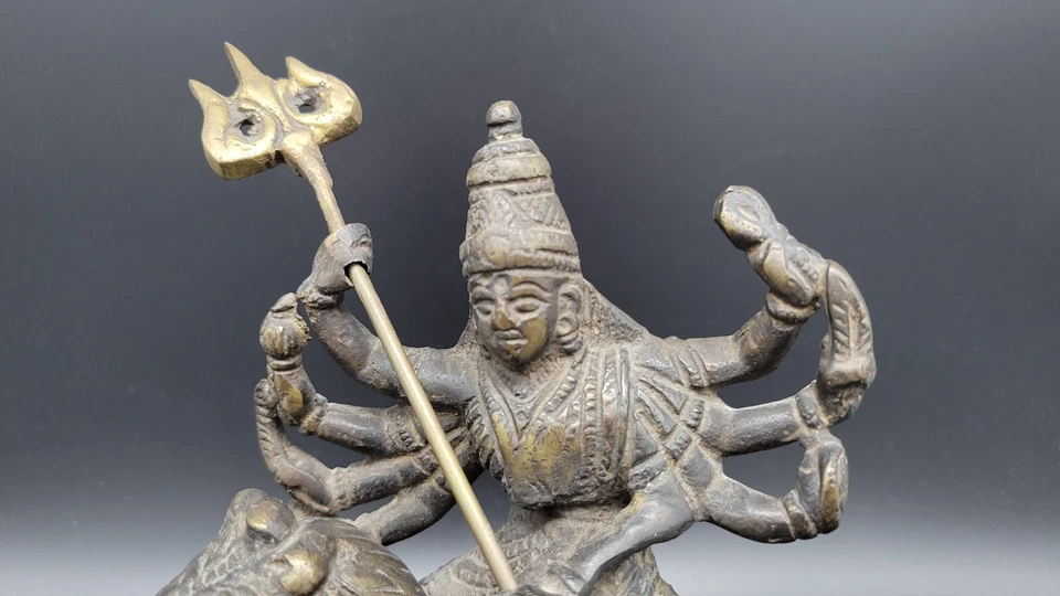 Vintage Indian Bronze statue of Shiva Durga riding on Lion, 6 1/2" tall - Image 2 of 4