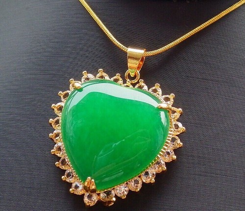 Real Green Jade Love Heart Imitation Diamond Yellow Gold Plated Pendant Necklace - Picture 3 of 7