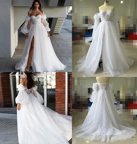 Off Shoulder Sweetheart Strapless Wedding Dresses High Slit Tulle Bridal Gown - Picture 4 of 17