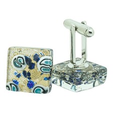 Murano Glas Manschettenkn&ouml;pfe Gold Blau Wei&szlig; Millefiori Paar Eckig