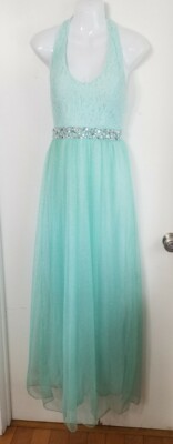 $325 Speechless Mint Green Lace Glitter Halter Long Dress Evening/prom Gown  5 | eBay