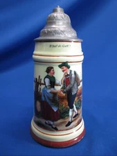 ANTIQUE GERMAN LIDDED LITHOPHANE STEIN MAN & WOMAN DANCING 9"H