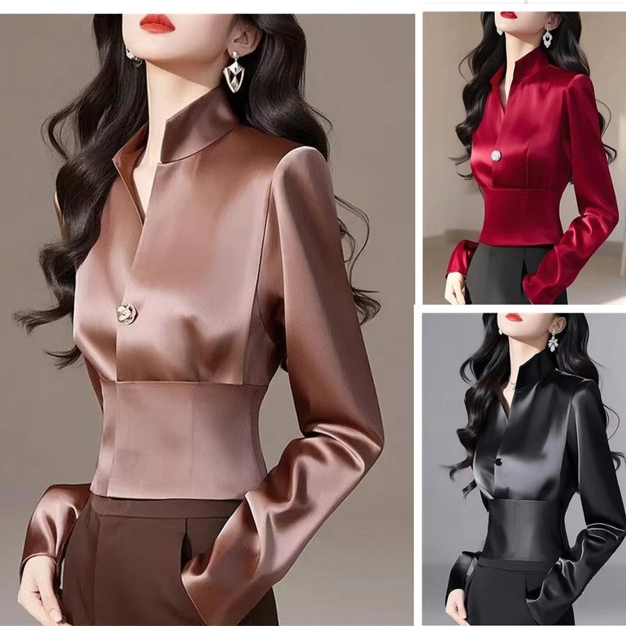 全新时尚修身女式衬衫纽扣纯色长袖上衣休闲外套 - 第 1 张/共 13 张