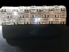 New Black Leather With Austrian Crystal Cluster Flap Evening Clutch Bag