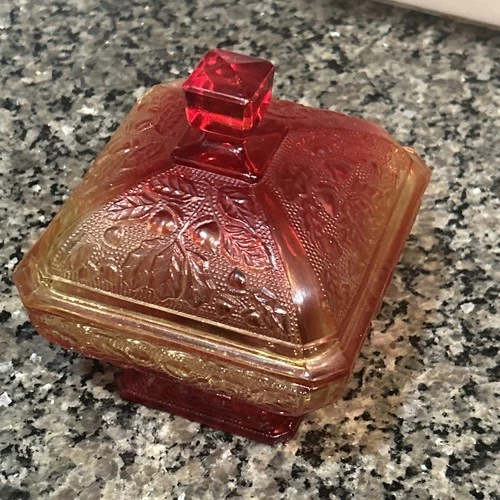 Vintage Jeanette Amberina Candy Dish Carnival Glass Acorn Oak Pattern Red Yellow