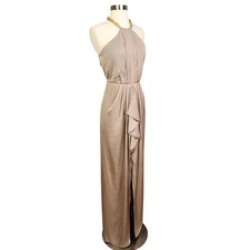 BCBGMaxAzria Womens Milania Chain Halter Long Dress Size 8 Taupe Gown Front Slit