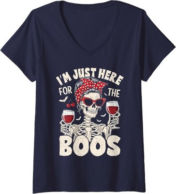 Halloween Funny I'm Just Here for The Boos Skeleton Ladies' V-Neck Tshirt
