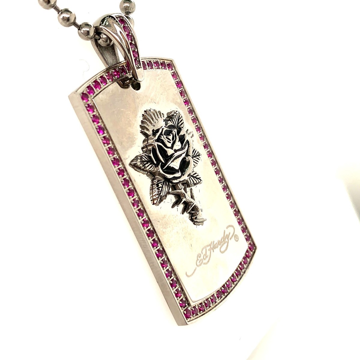 Ed Hardy Rose Dog Tag Necklace Pink Crystal Border 24” Chain