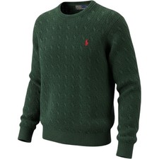 Polo Ralph Lauren Mens Green Cable Knit Wool Crewneck Sweater Large Fits Small