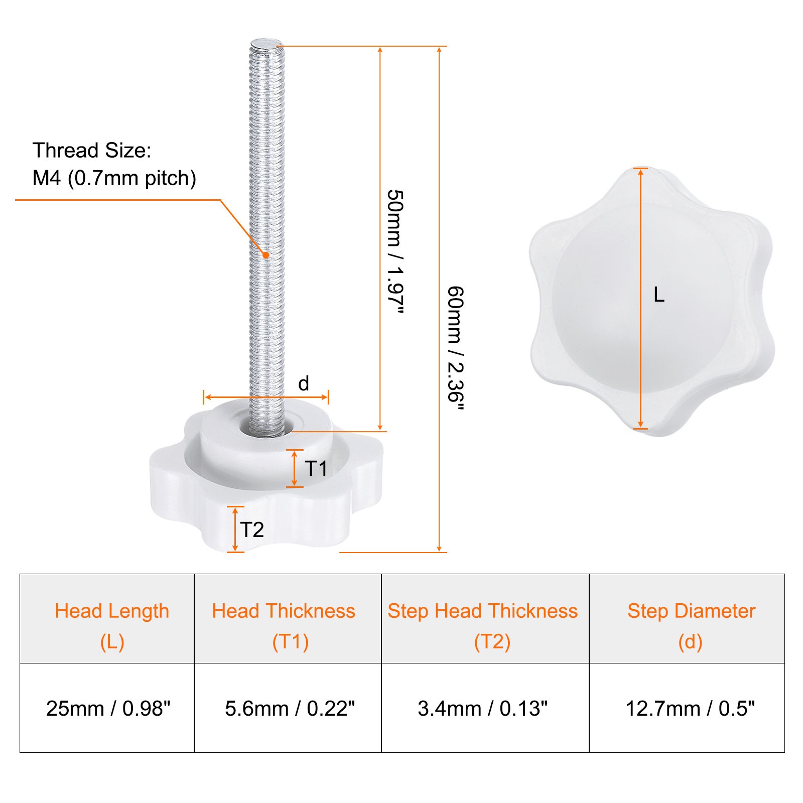 10pcs Star Knob M4 x 50mm Thread 25mm 6-Point Head Stud Hand Clamping Knob White